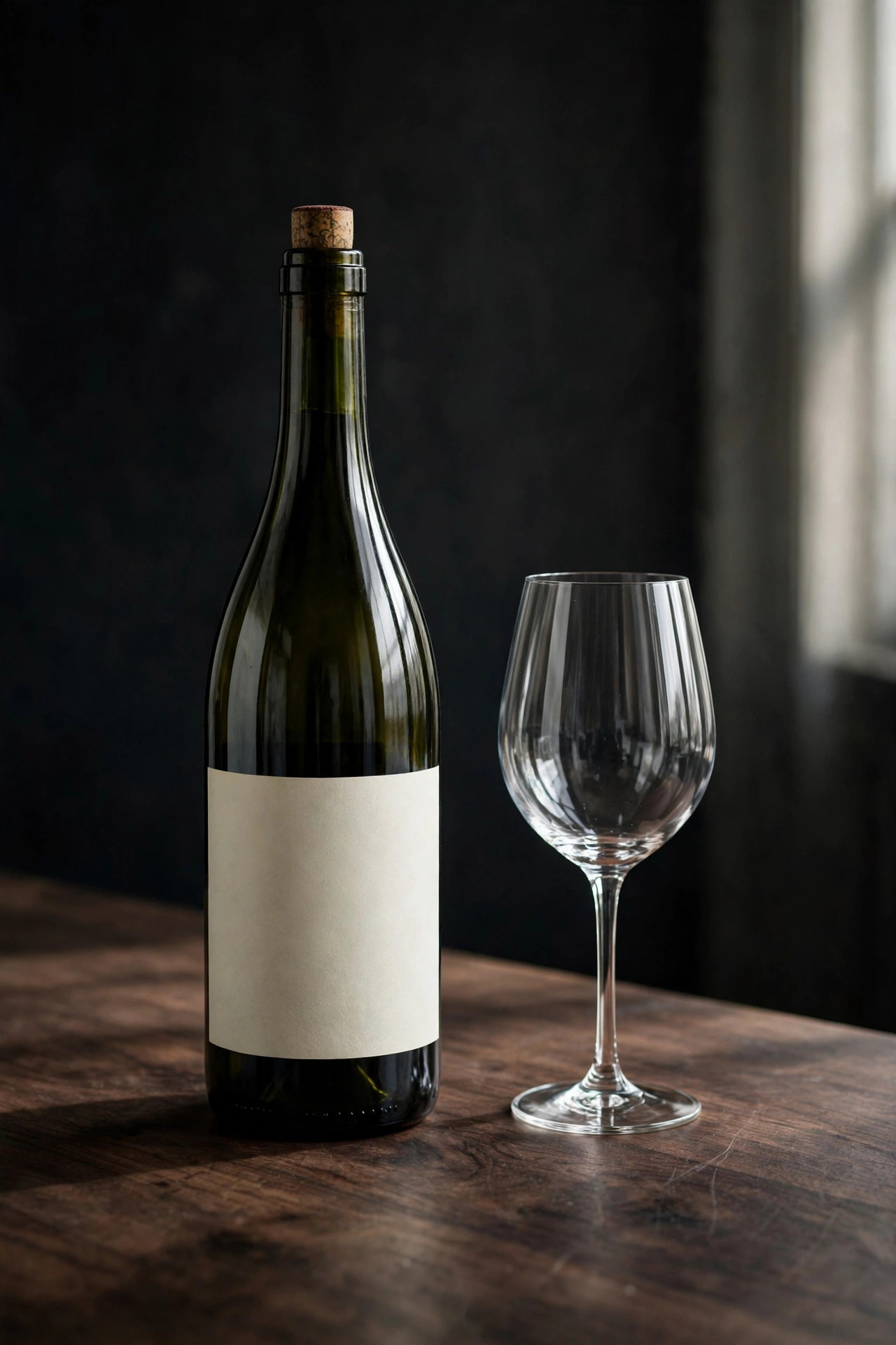 A bottle of Barolo beside an empty wine glass on a dark wooden table