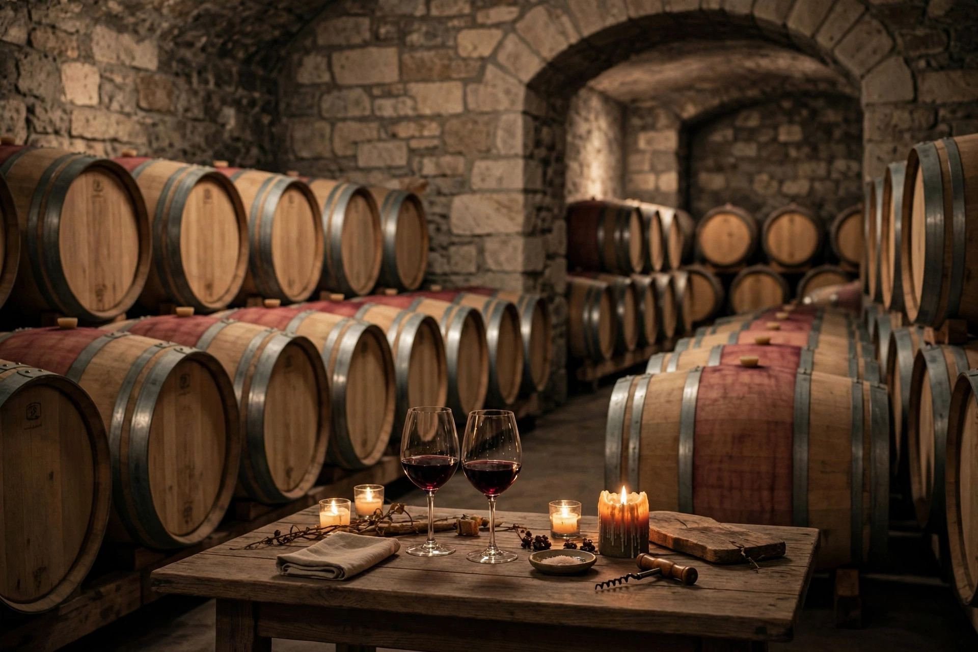 A candlelit winery barrel cellar with two glasses of red wine on a wooden table