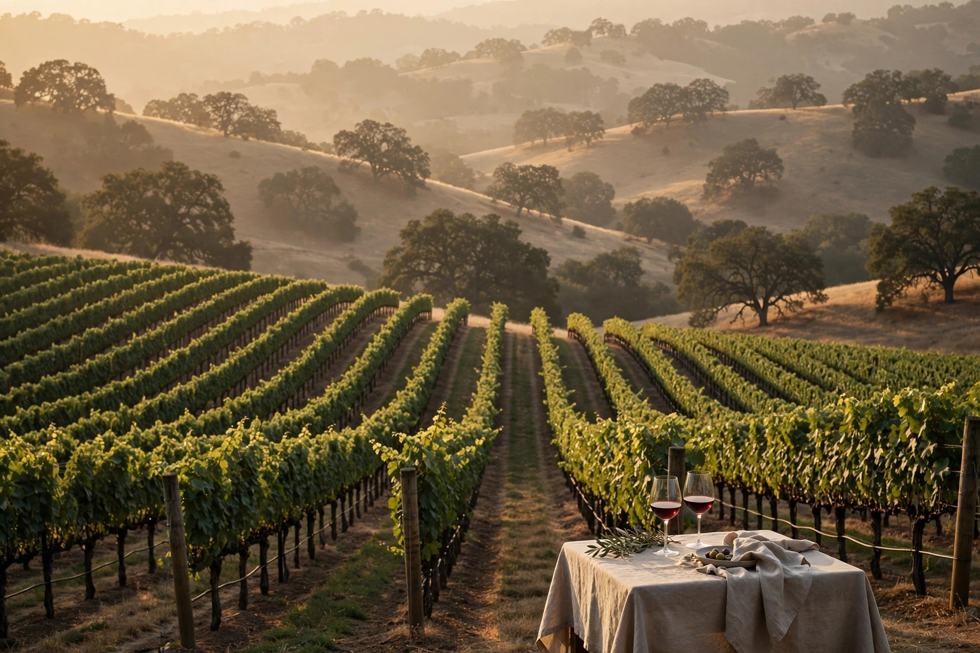 Vineyard rows at golden hour in Napa Valley, with a table set with two glasses of wine